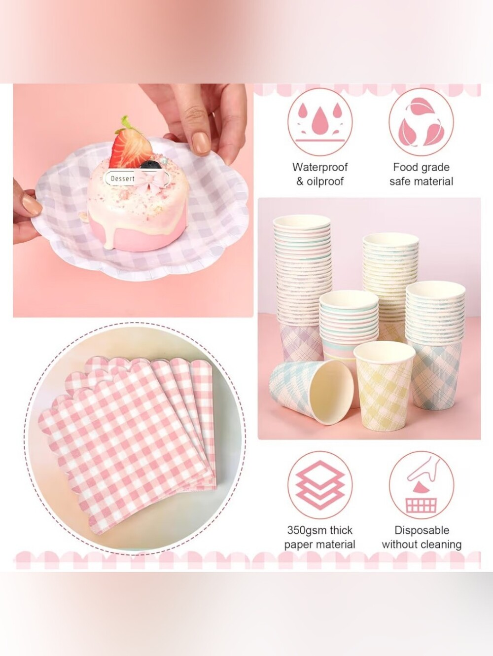 Pastel Gingham Party Paper Dessert Tableware Set - Pink, Blue, Yellow, Lavender - Picture 4 of 4